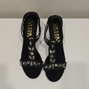 New York Transit Black Embellished T-Strap Sandals
